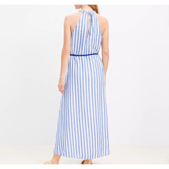 Loft Striped Linen Blend Belted Halter Maxi Dress Women 16 Blue White Nautical - Picture 2 of 12